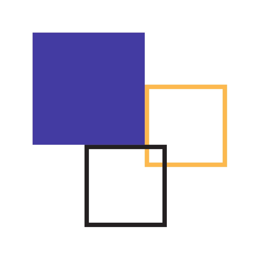 visuel représentant un carré bleu collé à un cadre jaune et un cadre noir entrelacé