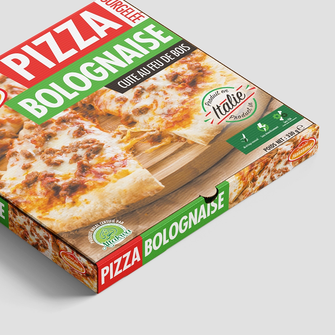 packaging pizza bolognaise cuite au feux de bois de la marque halal Halaland