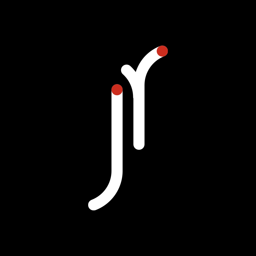 SUr un fond noir est déposé le logo jocelyne resnaud comme deux tubes blanc avec l'interieru rouge qui forment les lettres J et R