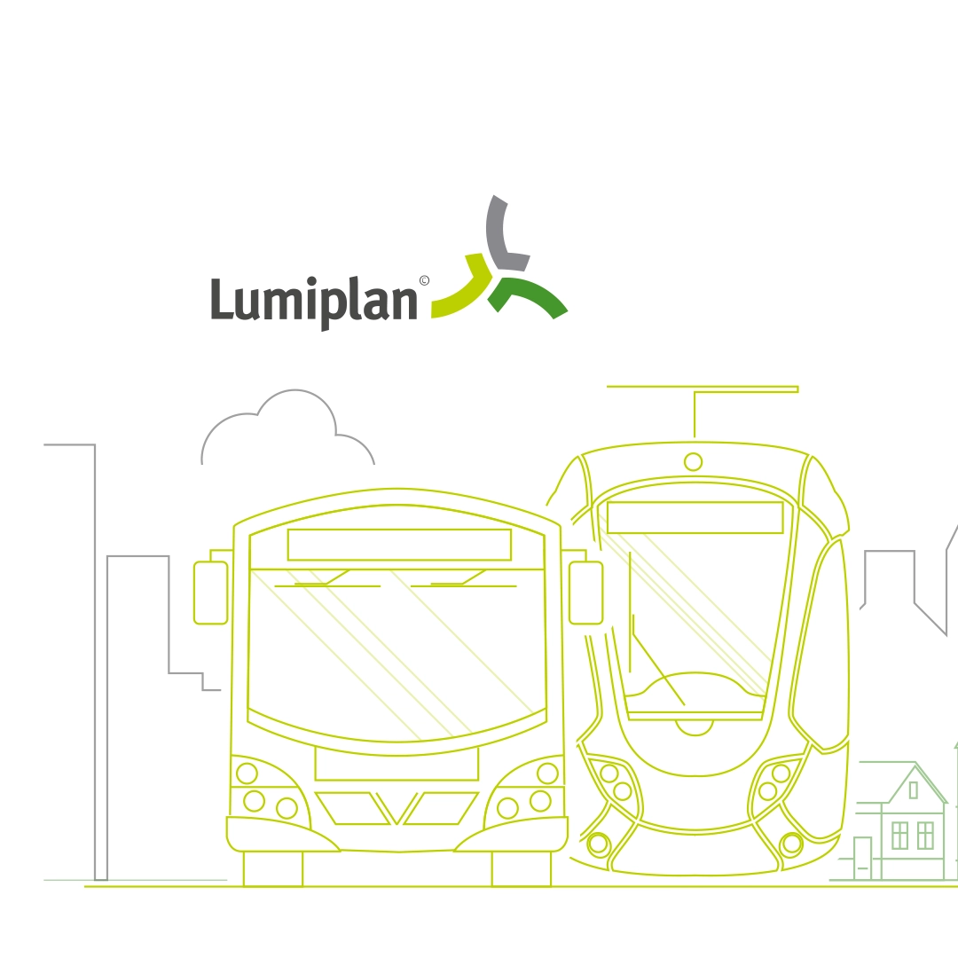 illustration filaire pour la société Lumiplan qui présente un bus et un tramway dans une ville