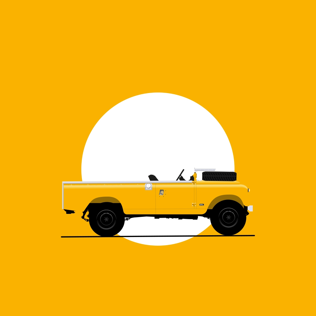 Illustration vecorielle d'un range rover jaune sur un fond jaune avec une sorte de soleil blanc en fond