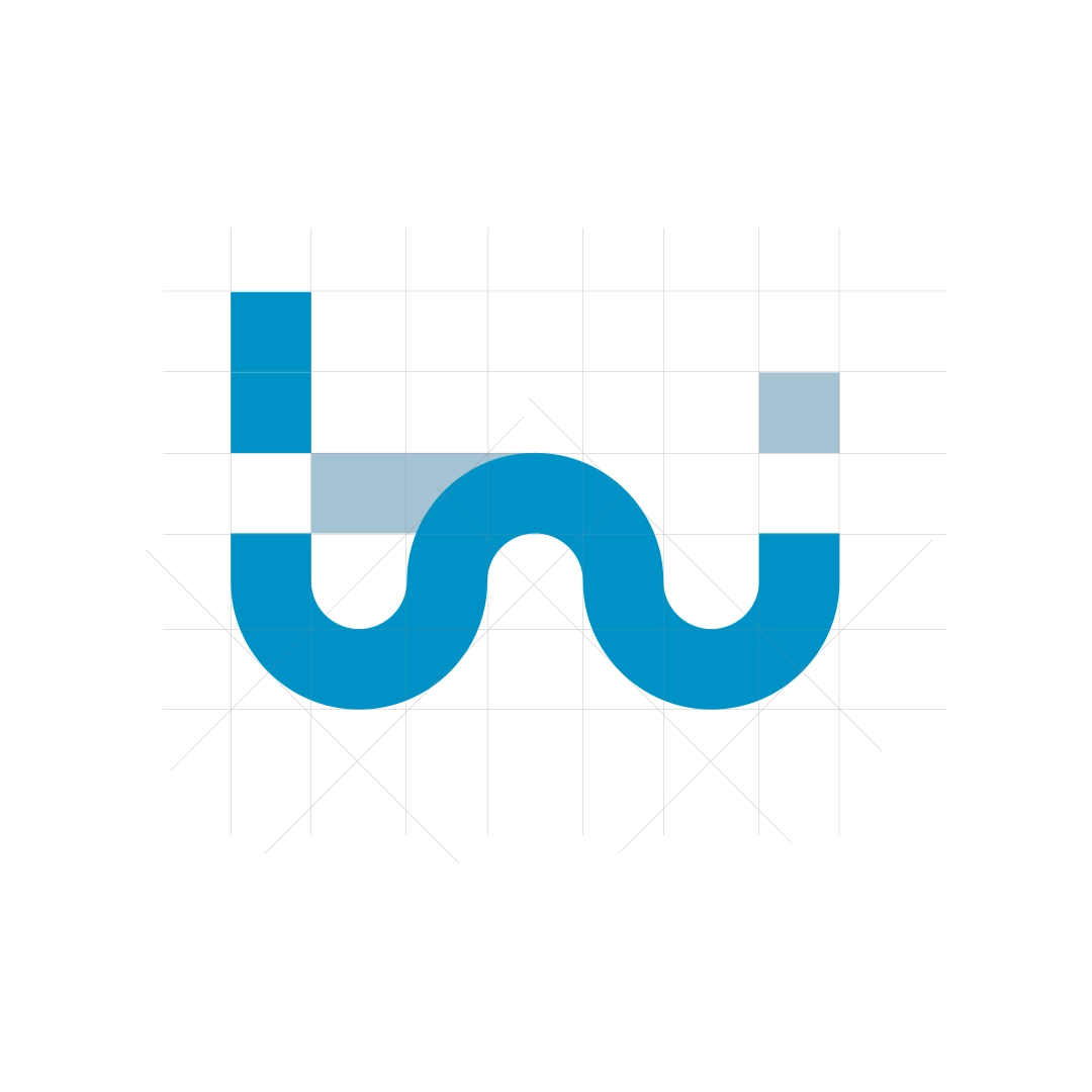 Logo tni solutions sur sa grille de composition, logo réalisé à partr de carré et de quart de rond
