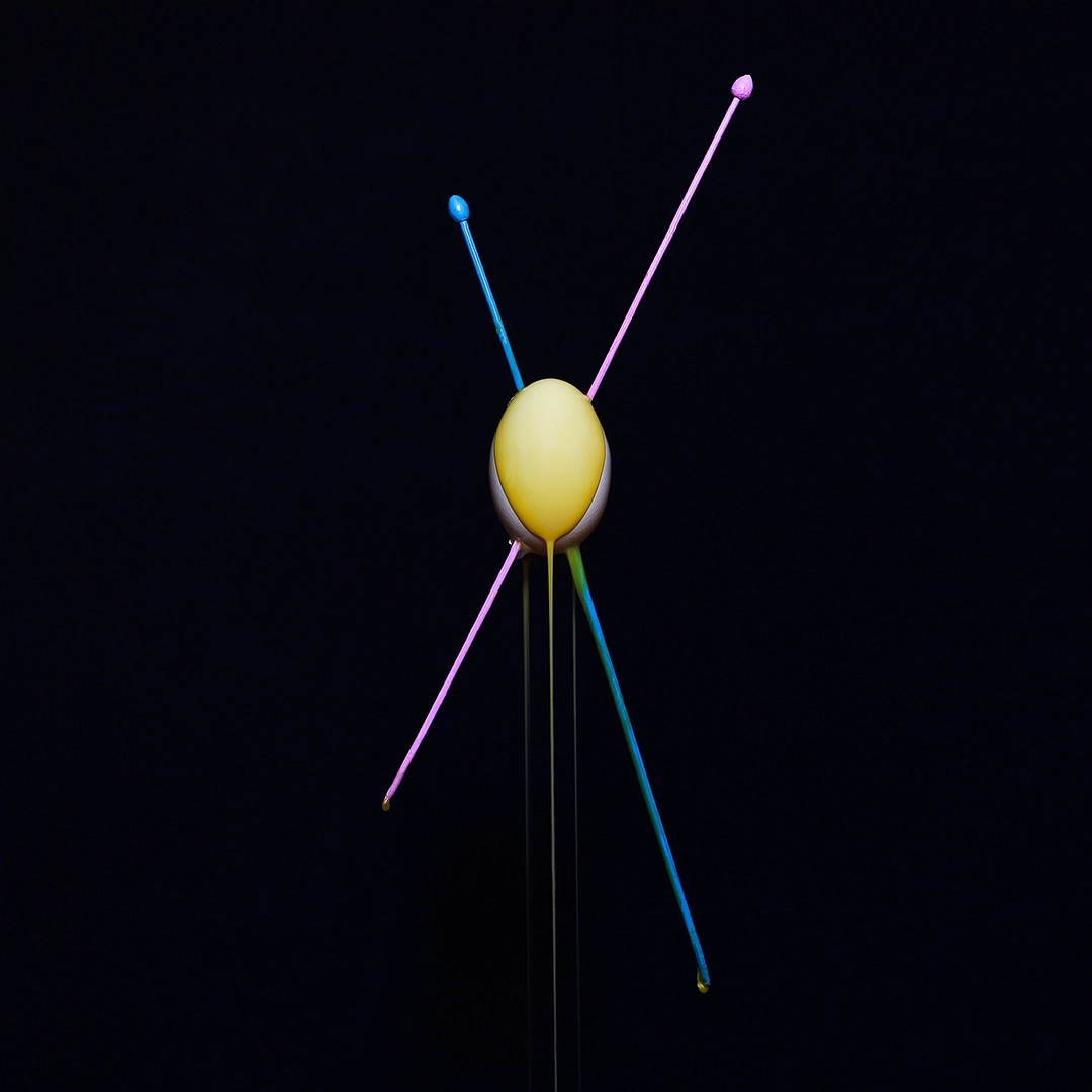 photo de la série Vanités du photographe nantais xavier podevin réprésentant un oeuf dur recouvert de peinture jaune traversé par de saiguilles à tricoter de couleur
