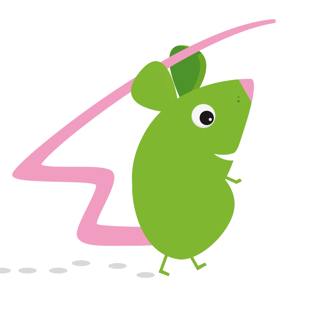 dessin d'une souris verte avec une queue rose
