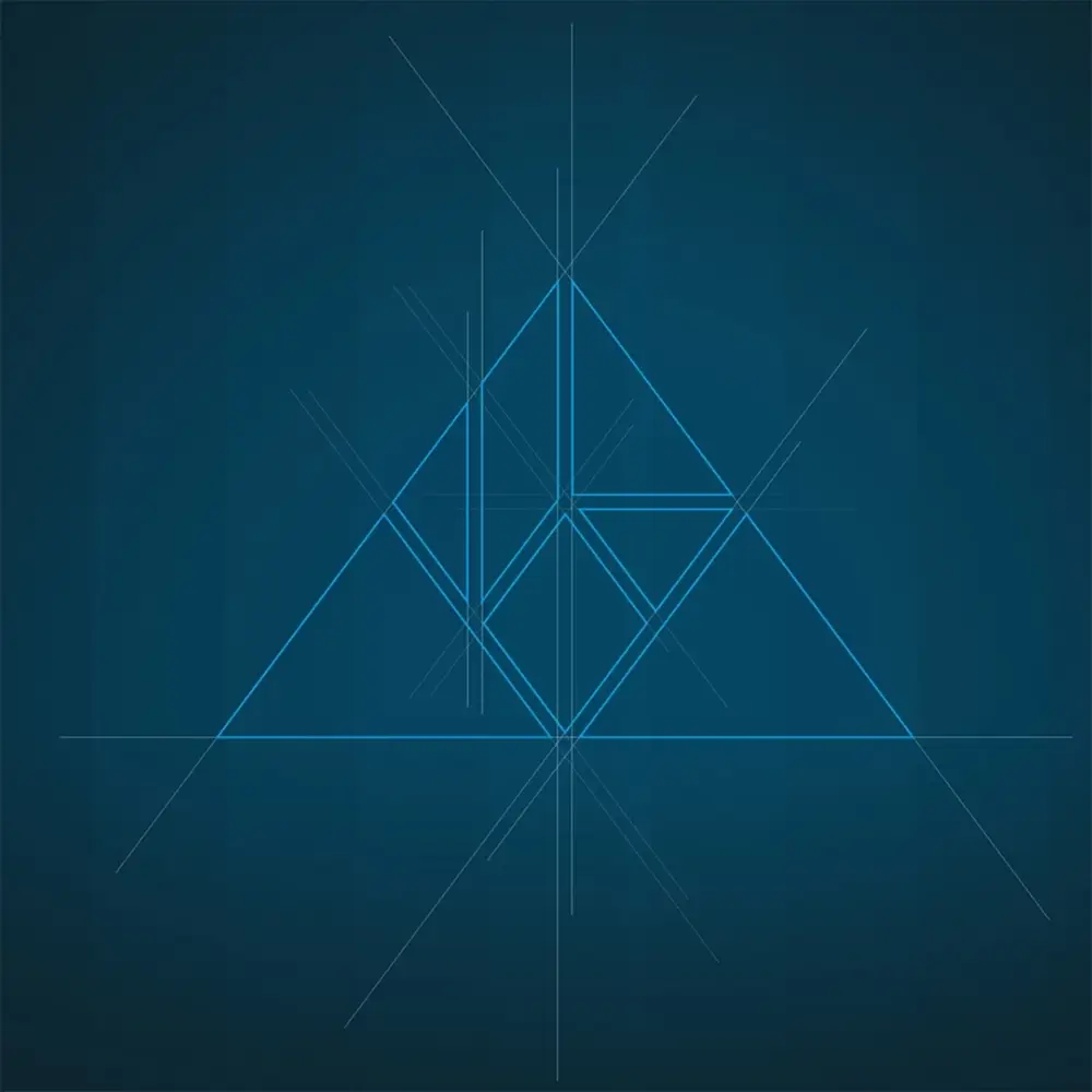 forme triangulaire bleu turquoise représentant le principe de construction du logo A3IP grâce à un tangram sur fond dégradé du bleu foncé au blau clair