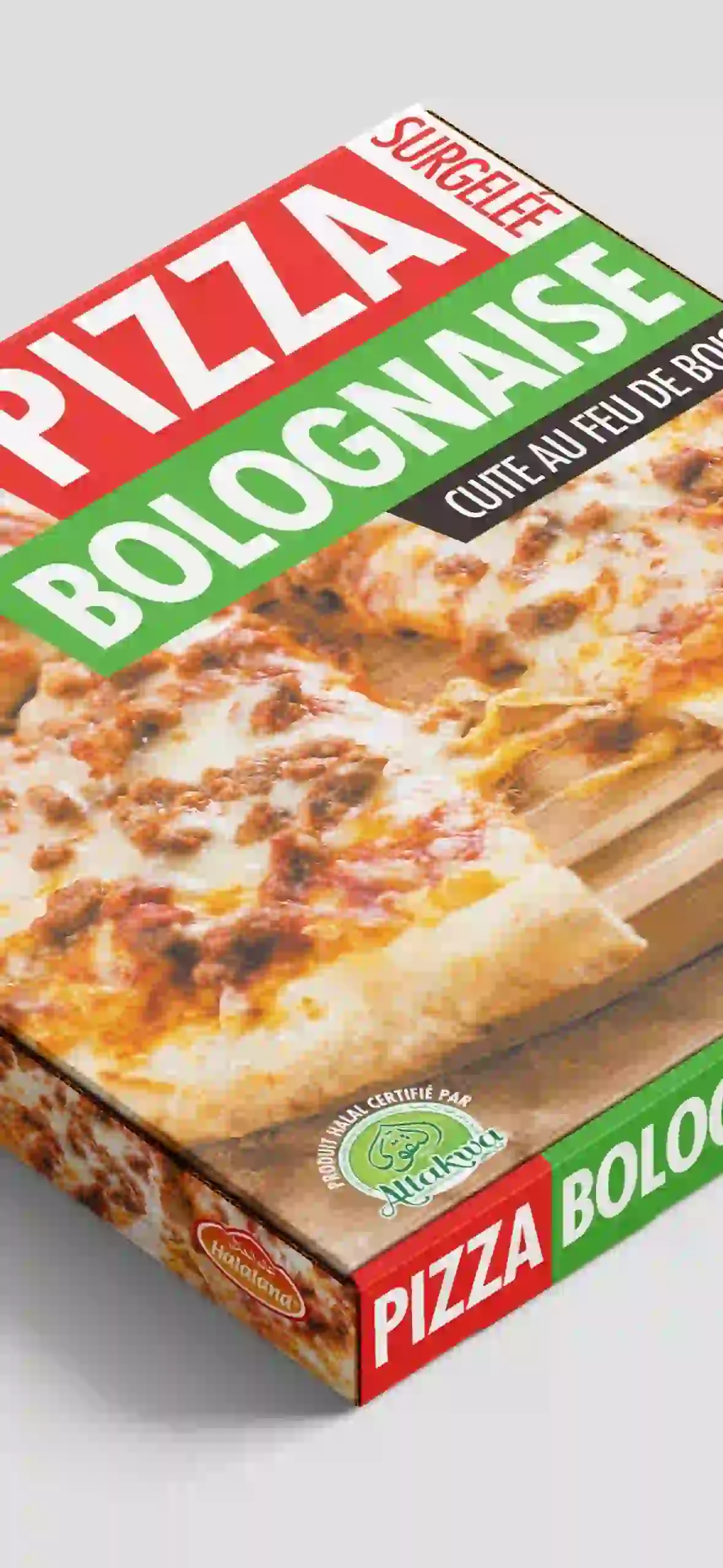 Photo du pack rouge et vert de la pizza bolognaise de la marque halal Halaland