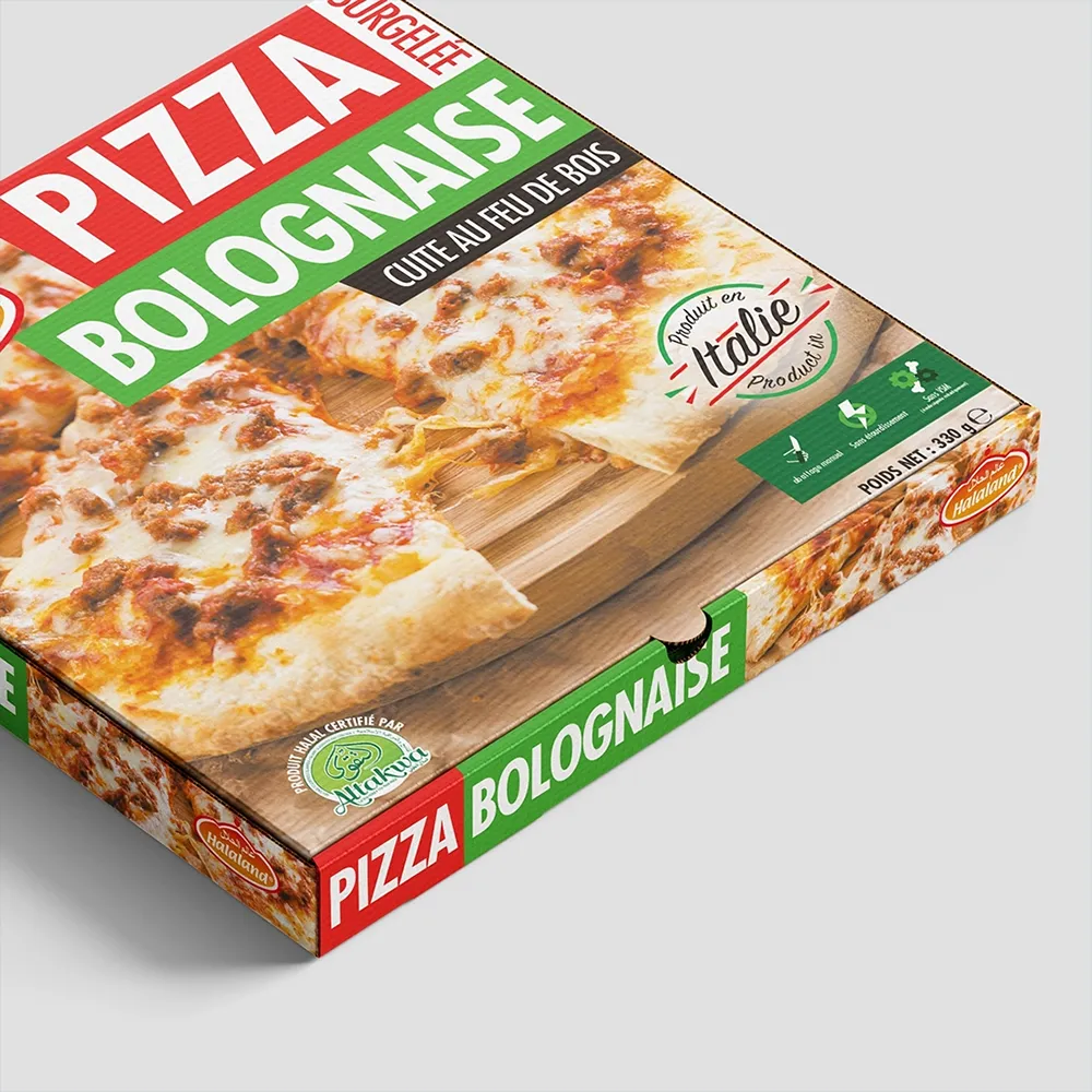 Photo du pack rouge et vert de la pizza bolognaise de la marque halal Halaland