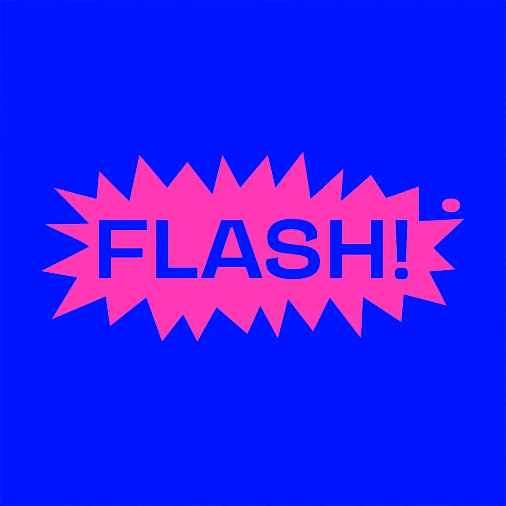 logo de l'événement Flash! avec "Flash" rose fluo sur fond bleu pétard