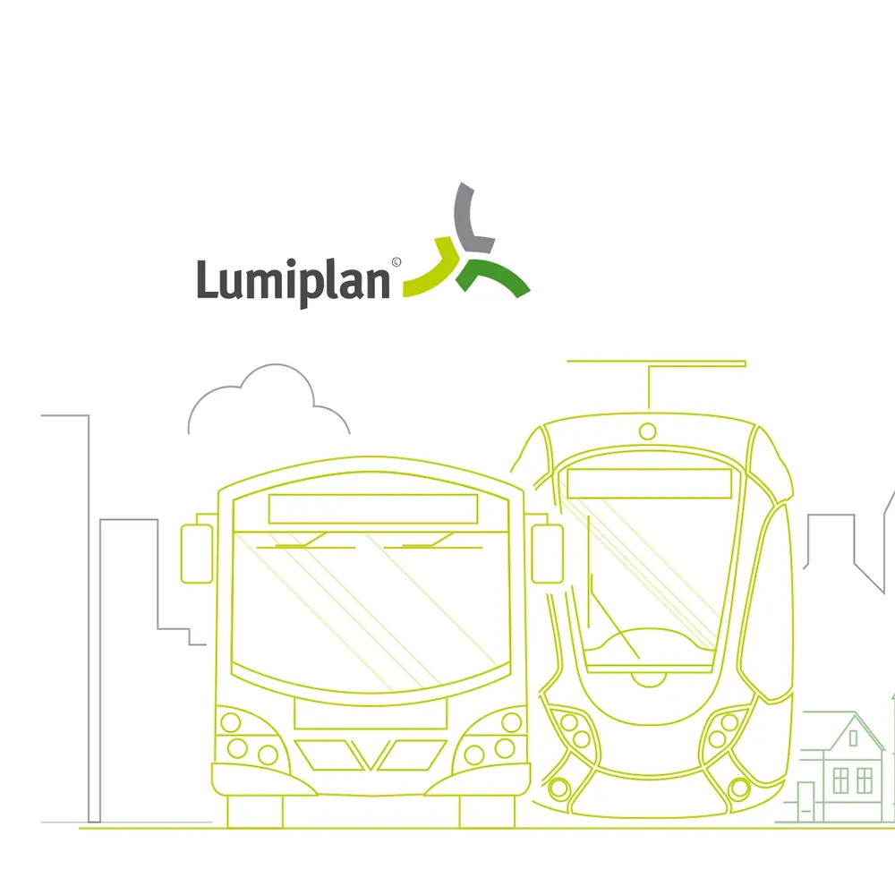 Illustration filaire d'un bus et d'un tram dans une villle pour présenter les fonctionalités Lumiplan