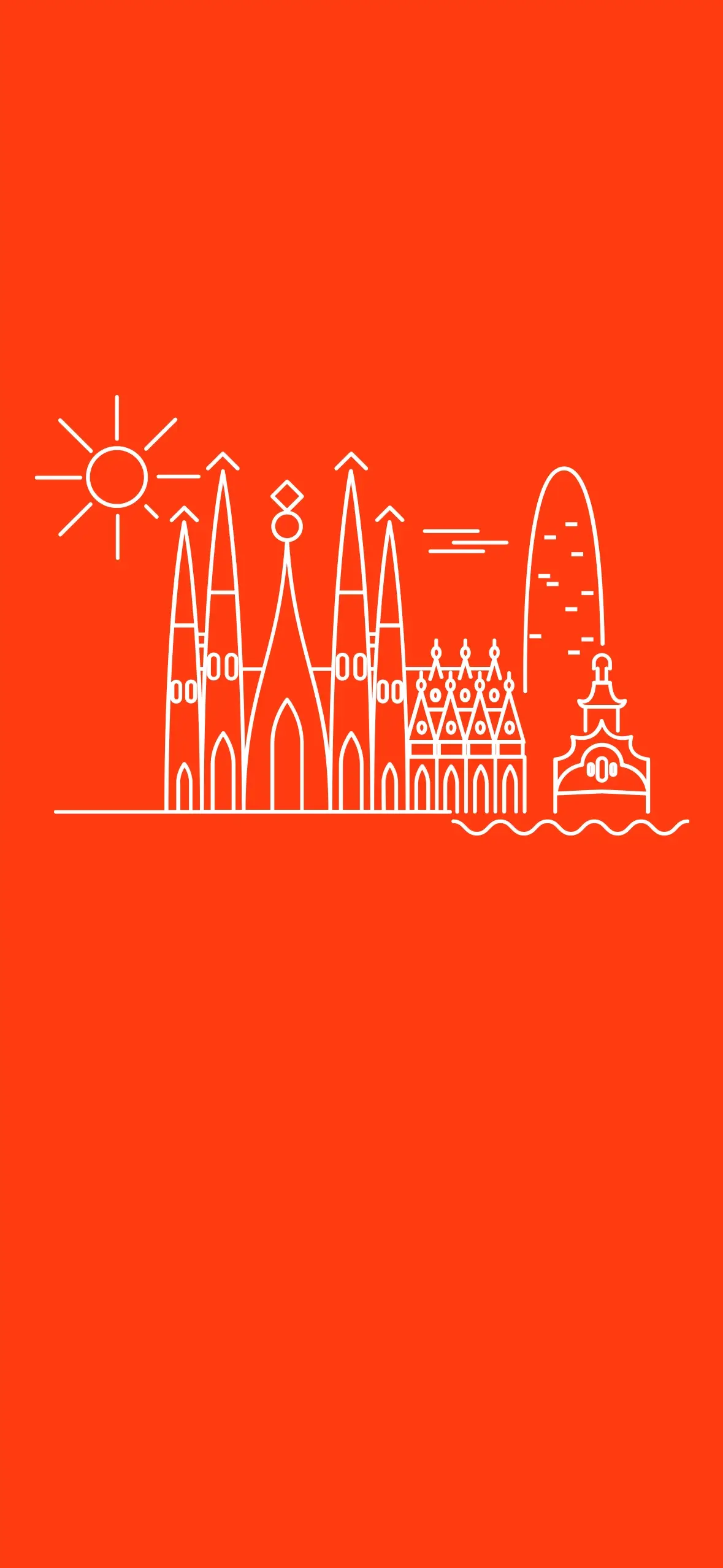 illustration filaire blanche sur fond orange de Barcelone et de la sagrada familia